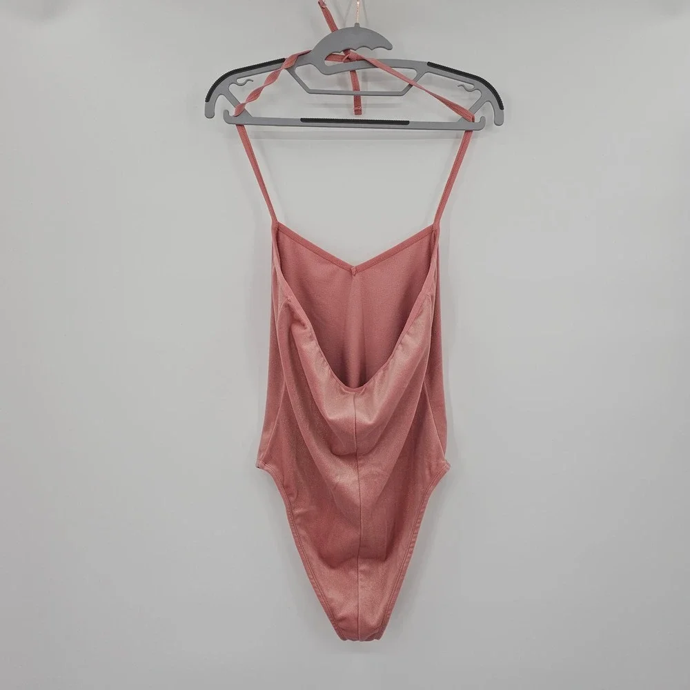 Dreamgirl Pink‎ Velour Halter Neck Thong Bodysuit Lingerie Size M/L Shimmer